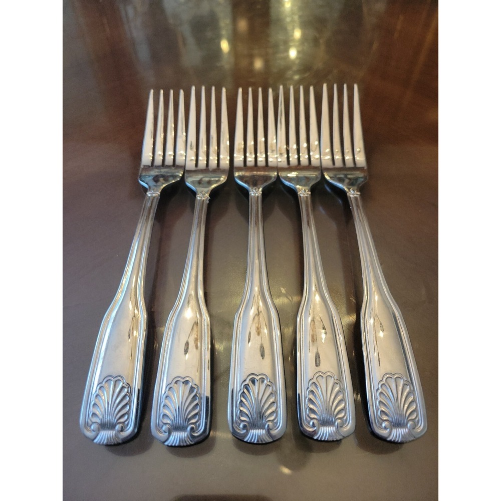 Walco Utica Stainless Fanfare 5 Dinner Forks Shell Glossy 7 7/8 Inches